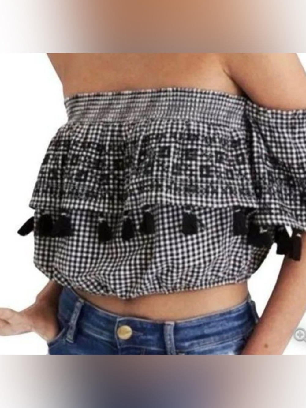 American Eagle Gingham Crop Top Smocked Off Shoulder Embroidered Tassel Medium
